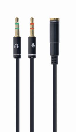 GEMBIRD 3.5 mm 4-pin socket to 2 x 3.5 mm sztereo plug adapter kábel, fekete, metal csat CCA-418M