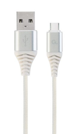 GEMBIRD CC-USB2B-AMCM-2M-BW2 Premium cotton braided Type-C USB charging and data cable, 2 m, silver/white