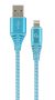   GEMBIRD CC-USB2B-AMLM-2M-VW Premium cotton braided 8-pin charging and data cable, 2 m, turquoise blue/white