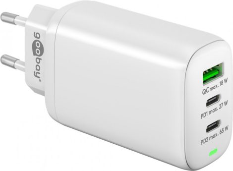 USB hálózati gyorstöltő 1x QC 3.0 + 2x USB-C 3.1 (65W) fehér GOOBAY (61759)