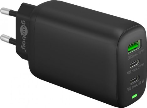 USB hálózati gyorstöltő 1x QC 3.0 + 2x USB-C 3.1 (65W) fekete GOOBAY (61760)