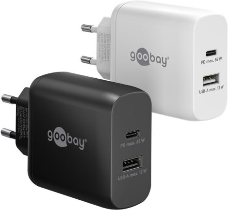 USB hálózati gyorstöltő 1xUSB-C 3.1 (65W) + 1xUSB 2.0 (12w) fehér GOOBAY(65410)