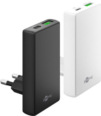 USB hálózati gyorstöltő USB-C 3.1+USB A, 65W,90°, lapos fehér GOOBAY (75724)